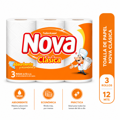 Toalla de Papel Nova clásica 3 rollos 12 metros