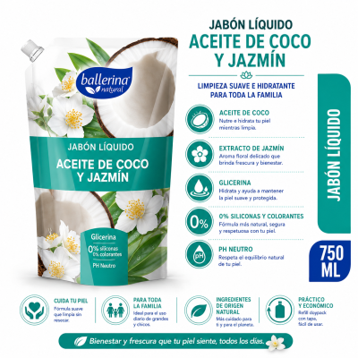 JABÓN LÍQUIDO BALLERINA ACEITE DE COCO Y JAZMÍN 750 ML